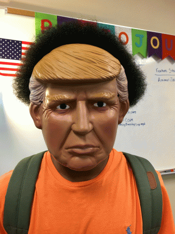 Desmond sports a Donald Trump mask.