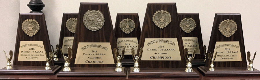 UIL Awards on display in the front office.