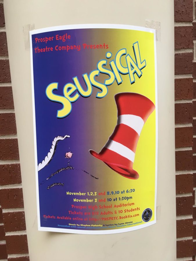A poster in the main hallway advertises the theatre departments upcoming performance of Seussical. Opening night is Thursday, Nov. 1 at 6:30 p.m. in the auditorium. The sets are amazing, and everybody is working so hard,” sophomore and cast member Nikki Hansen said. “It going to be a great show. I want everybody to see our hard work.”
