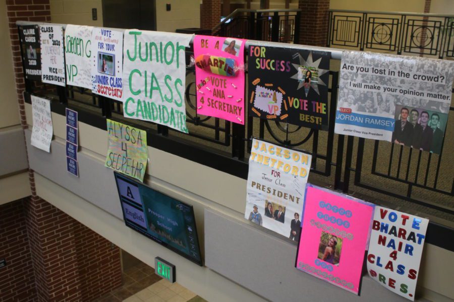 Students posters hang in the hallway, advertising student council campaigns. Voting will begin Oct.16 at 8 a.m., and it will officially end on Oct. 17 at 4:30 p.m.  “We will announce (the winners) the next day hopefully,” coach and student council sponsor Tony Cooper said.