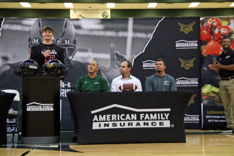 Senior Cade York recognizes his supporters in a small speech in front of all athletes. York was chosen to be an Under Armour All-American and has recently committed to play football at Louisiana State University. I had to win a competition at a Kohls kicking camp, York said. That had been a big goal of mine for a while.