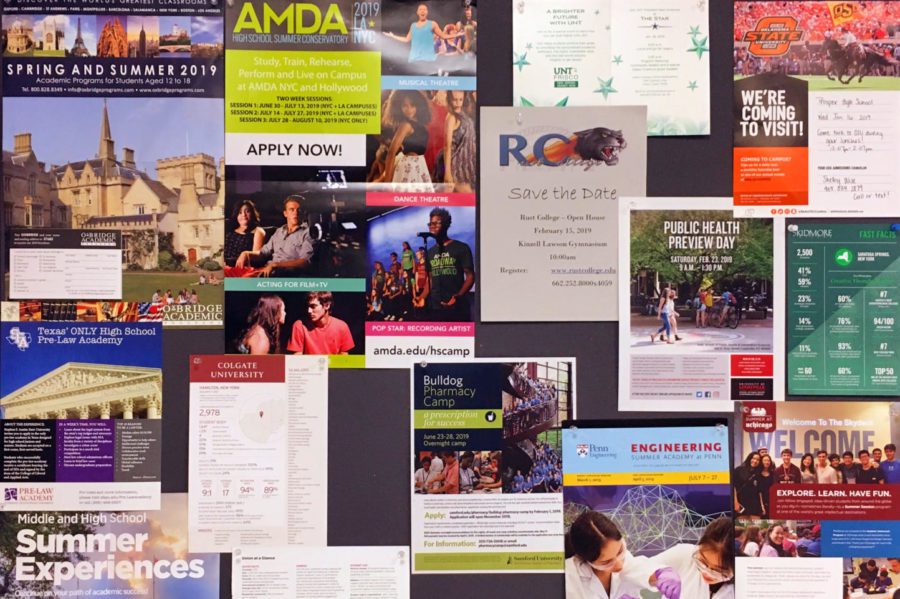 A bulletin board in the main hallway advertises colleges and summer opportunities. The counselors released a list of local, school-specific, and nationwide scholarships. For more information about scholarships and college, visit the counselors office.