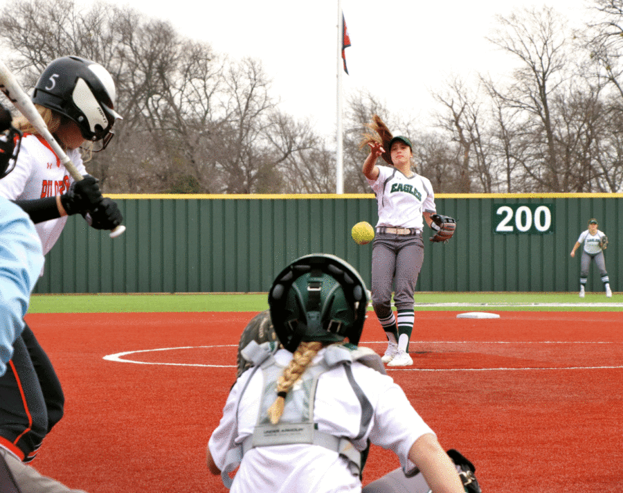 Abbey Beasley hurls a pitch toward a Pilot Point batter. The Lady Eagles came away with a 10-6 victory. This is the first softball season in 6A for Prosper. 