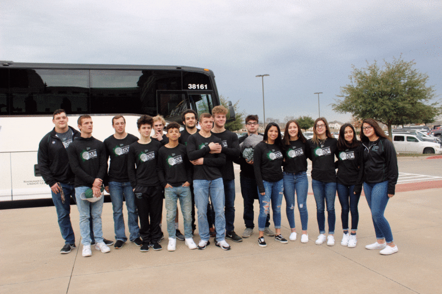 The varsity wrestling team state qualifiers prepare to head to state after being sent off by fellow students and staff.  The team has nine state qualifiers competing. The state championship will be held Friday Feb. 22-23, in Cypress, Texas, at the Berry Center. 