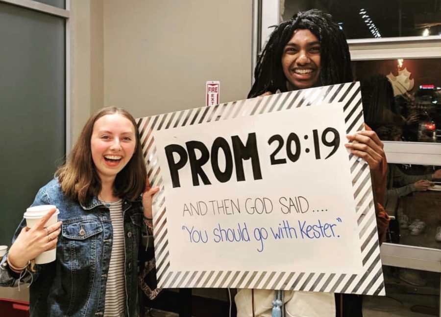 Kester Muthalaly holds up his promposal poster with Courtney Yates after a successful promposal.  Prom night is April 6, at Southforks Oil Barons Ballroom. I was super nervous before, but God put it all together, Muthalaly said.