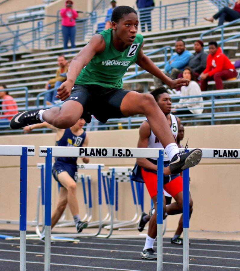 Eagle track runner Brandon Sofi gets over the hurdle at Plano. Prosper will compete next this week at the regional meet in Waco, Texas, on April 26-27.