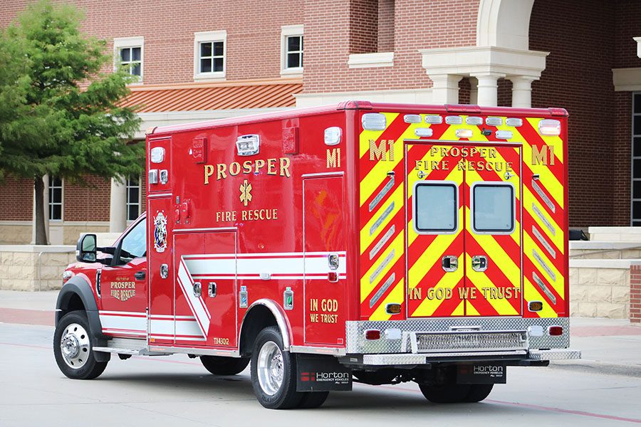 An Emergency Medical Service ambulance from Prosper Fire Rescue pulls into the parking lot in front of the high school today, Aug. 28, at 2:37 p.m. According to principal Dr. John Burdett, EMS personnel arrived to assist during fourth period. They were here checking on a student who was having difficulty breathing, Burdett said. All is well. 
