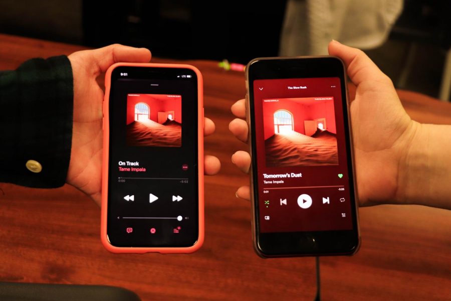 Tame Impalas fourth album, The Slow Rush released on Feb. 14. Entertainment Editor Katie Johnson and Assistant Editor Ryan Stanley hold their phones side-by-side with their favorite songs on screen.  