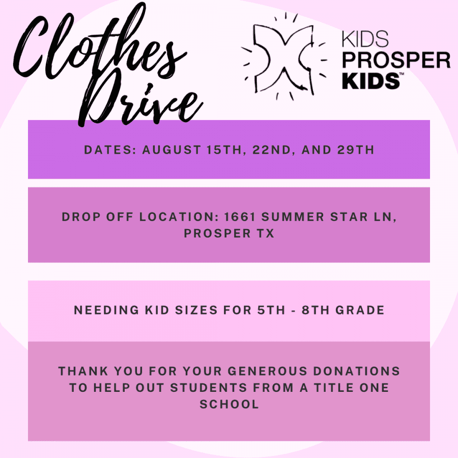 To give back to the community, Kids Prosper Kids is holding a clothing drive on Aug. 22 and 29. The non-profit organization started three years ago. They hold local volunteer events while building a trade school in Ghana, Africa. My favorite part of KPK is that I can be a leader and that they allow us to take charge of events, senior Anna Kathleen Johnson, KPK president at Prosper High, said. I also love that I get to help people and see the results of my work paying off.