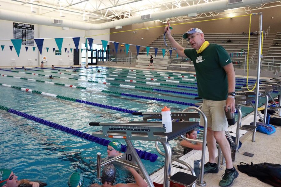 At a morning practice, head swim coach Trey Sullivan gives instruction to his athletes. The kids are excited, Sullivan said. I’m excited. I dont want to walk on the pool deck and fall asleep, I want to be excited, I want to have fun. I want to work hard and have fun.  The first swim meet will take place on Sept. 16 against Friscos Independence high school at the PISD natatorium. 