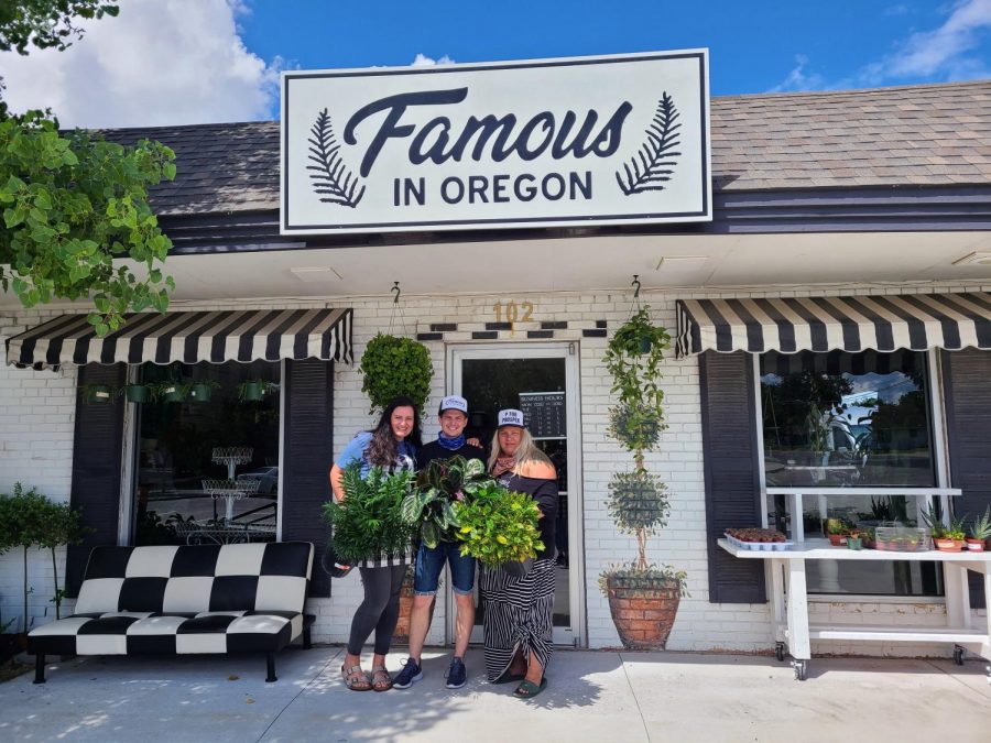 The Famous In Oregon plant and hat shop brightens up the corner of West Broadway where Maggies boutique used to be. Tanner and Erika Mitchell stand beneath the Famous In Oregon sign with their partner Bekah Hardick. Famous In Oregon opened for the first time on May 9, 2020.