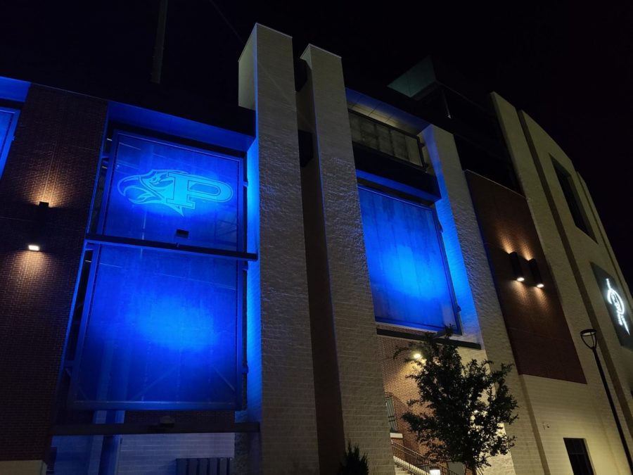 To show support to local and national police officers, Childrens Health Stadium is lit blue. The stadium will be lit blue for the majority of September as a reminder of all the good that police officers do for the community.  Not only is the PISD stadium being lit blue but several businesses and families are lighting their houses and buildings blue to show their support of men and women in uniform. 