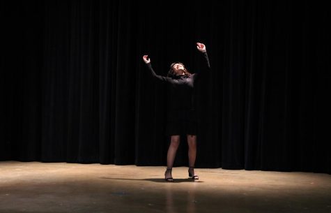 Highlighted by the light, senior Charlize Fedele sings “Rose’s turn” from Gypsy. Fedeles solo musical won at the state competition and she will be moving on to nationals. “I have been competing since my junior year in ITS,” Fedele said. “Last year, I played Euridice, in a group acting event, and our group won. I am currently competing in the solo musical category and it is very different from being with a group but still very rewarding.”