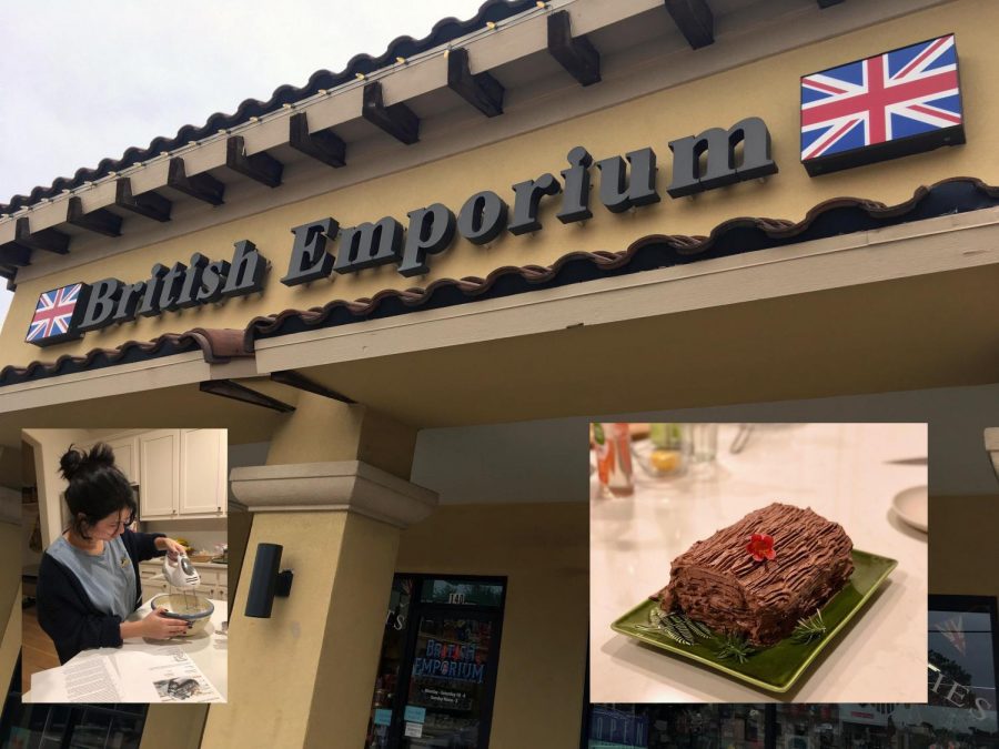 In the compiled photos above, a store called The British Emporium is pictured. As well, theres a picture of the writer, Kalyani Rao, mixing the ingredients for a cake. Next to her is the final result. The reason I had come to the British Emporium was to look for a Yule chocolate log cake, consisting of a rolled sponge with a cream filling and ganache frosting, Rao said. My penpal who lives in London recommended it as her favorite dessert in the winter, and I set my heart on trying it for myself.