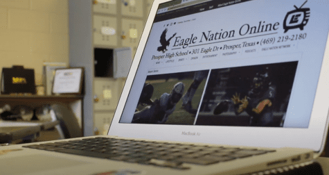 The front page of Eagle Nation Online shines on writer Emma Hutchinson's laptop. The online newspaper is student-led and focuses on publishing at least once a day. For updates on the school and community, check out ENO's Instagram, Twitter, and Facebook profiles.  