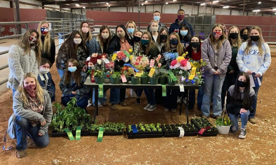 Standing beside their entries, members of the Prosper FFA chapter show off their winnings. FFA members competed on Friday, Jan. 8, at the Collin County Livestock Show in both floral arrangement competitions and plant growing competitions. Several students took home ribbons, including junior Brooke Black who in addition to winning first place in the symmetrical silk arrangement competition, also won reserve champion of the entire show.
