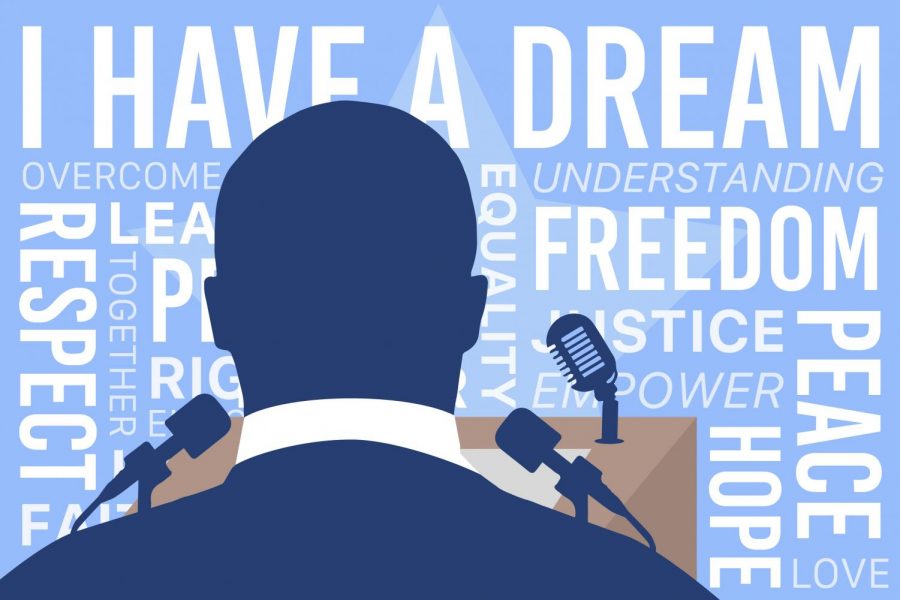 In an image created by graphic designer and senior Mark Chrissan, the silhouette of Martin Luther King Jr. stands before a podium surrounded by words that represent his campaign of activism. In the attached piece, Editor-in-Chief and columnist Grace Williamson challenges readers and activists against discrimination to remember the words of Martin Luther King Jr. We have no alternative but to protest, King said. For many years, we have shown an amazing patience. But, we come here tonight to be saved from that patience that makes us patient with anything less than freedom and justice.