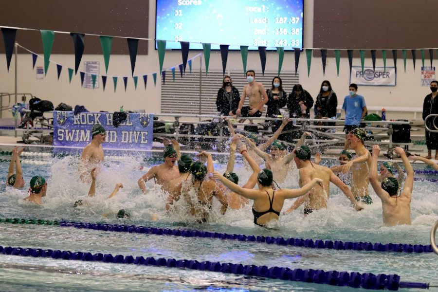 Before their meet, senior swimmers lead the team in a pep-splash to bring up excitement. While Prosper High School is a 6A school, Rock Hill is a 5A school. Despite the teams UIL differences, they actively practice together on occasions and support each others victories. 