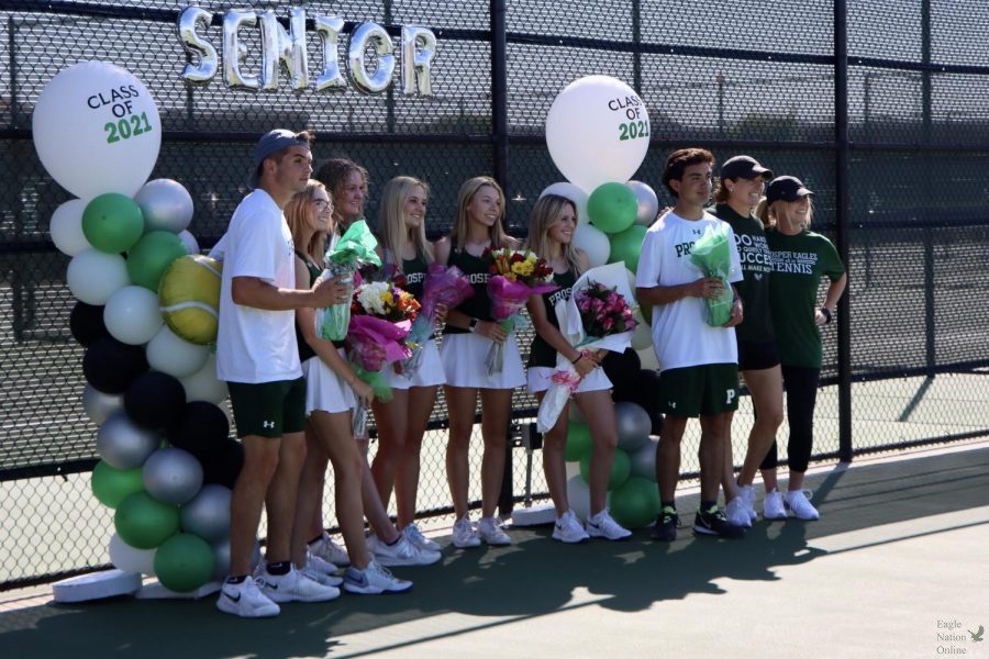 After each of their names were announced, all of the varsity tennis seniors stand together. The Senior Night celebration was held at the Prosper High School Tennis Courts Monday, March 29. The team faced McKinney Boyd High School. 