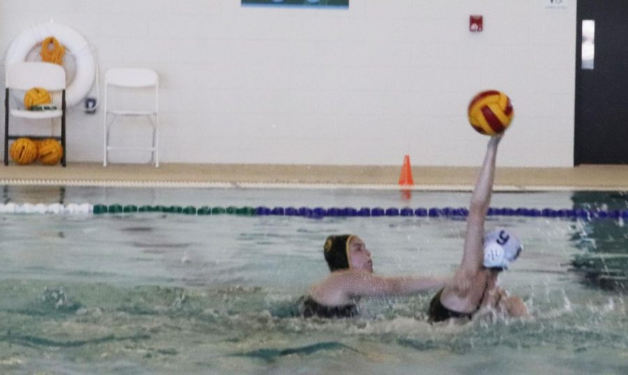 Hand+in+the+air%2C+junior+Paige+Schultz+defends+the+goal.+The+Prosper+High+School+girls+water+polo+team+won+10-4+against+Irving+High+School.+Both+boys+and+girls+water+polo+will+have+their+next+games+April+3+against+Midway+High+School.+