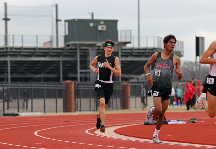 Racing toward the finish line, sophomore Tyler Epps completes another lap. Epps finished 18th in the boys 3200 meter run. Prosper came in third overall for the 4x100 meter relay. 