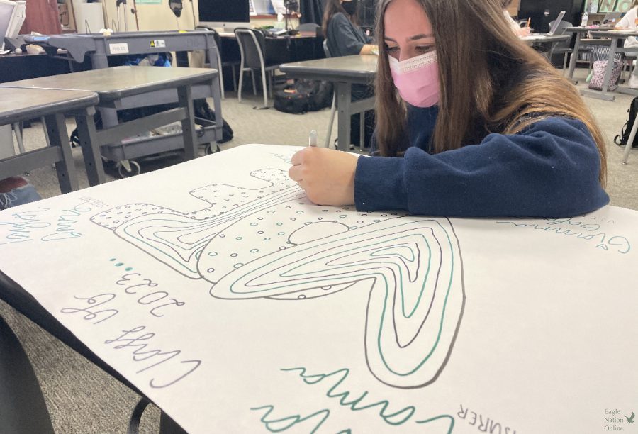 Creating advertisement for the upcoming student council elections, sophomore Gianna Galante draws on a poster board. Galante is running for junior class president. Voting will be held Wednesday, April 28.