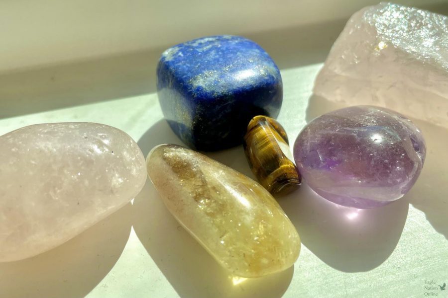 From left to right, rose quartz, citrine, lapis lazuli, tigers eye, amethyst and a second rose quartz stone are pictured on junior Kalyani Raos windowsill. All of them were purchased from local crystal shops. I really like having crystals in my room, Rao said. Seeing the sunlight shine through all the tiny facets and imperfections on the stones is just gorgeous. No crystal is exactly the same as another one, and I find that so beautiful.
