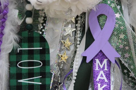 Featuring a purple ribbon, a mum sits alone. The purple ribbon serves as a tribute to senior varsity cheerleader Makayla Noble. Noble recently had spinal surgery after a mishap tumbling accident.