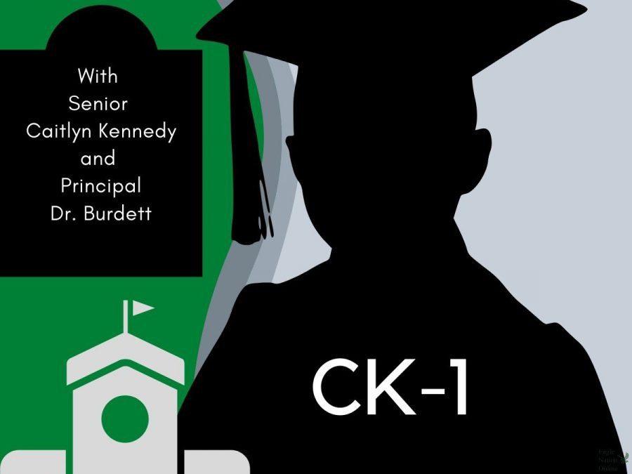 In a digitally created image created on Canva.com by Design Editor Caitlyn Kennedy, the podcast title CK-1 is shown on an outline of a graduating student. Kennedys weekly podcast with Principal Dr.  John Burdett covers local initiatives and school events taking place in the Prosper community. In the second episode of the podcast series, Burdett and Kennedy cover the topic of student Makayla Noble, and updates to her health journey to recovery. 