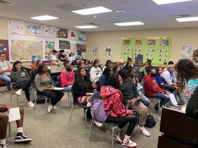 The Black Union Society members listen as the concil members make announcements. The club is new to the high school this year. The club meets every other Monday after school. 