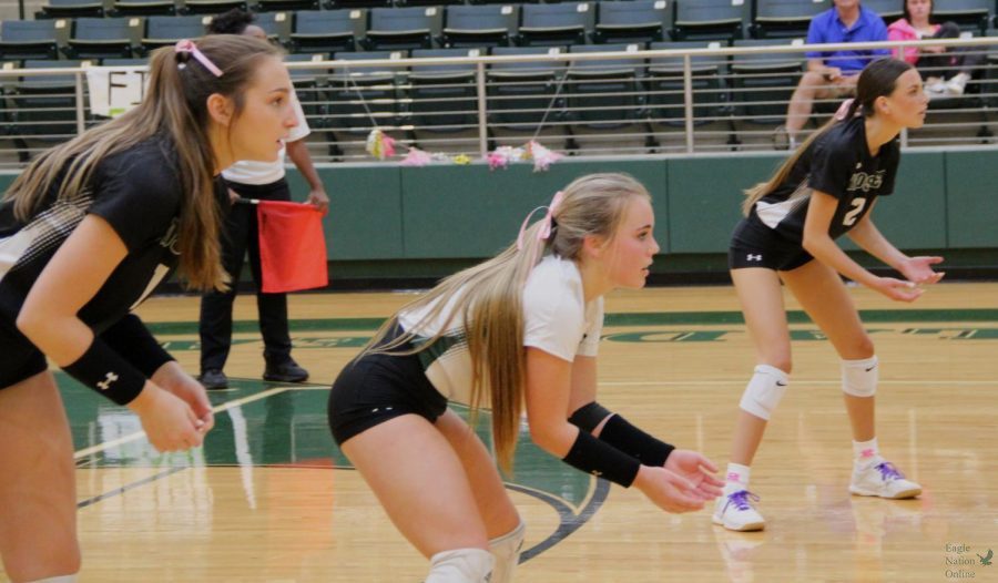 Ready+for+the+serve+in+a+match+against+the+Allen+Eagles+Oct.+15%2C+junior+Callie+Kieffer%2C+sophomore+Kennedy+Smith+and+senior+Hayley+Harrington+wait.+The+Prosper+Volleyball+team+is+ranked+60th+in+the+nation+according+to+MaxPreps.+Senior+night+last+night+was+one+to+remember%2C+senior+Kamryn+Vanatta+said.+I+will+never+forget+this+team+and+all+of+the+memories+created+here+in+the+PVB+program.