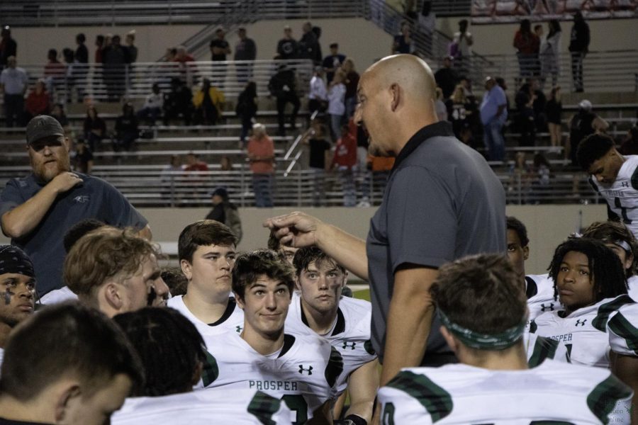 After+a+38-17+win+against+Braswell%2C+head+football+coach+Brandon+Schmidt+talks+to+the+team.+The+game+was+played+Friday%2C+Oct.+22+away+at+Colins+Athletic+Complex.+Their+next+game+will+be+played+Friday%2C+Oct.+29+at+7+p.m.+at+Childrens+Health+Stadium.
