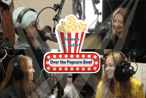 In an graphic created by Executive Design Editor and senior Soomin Chung, seniors Christi Norris, Amanda Hare, Gabriella Winans and Alyssa Clark talk into their mics. Over The Popcorn Bowl covers and reviews movies every month. The four seniors are all a part of the Eagle Nation Online Editorial Board.