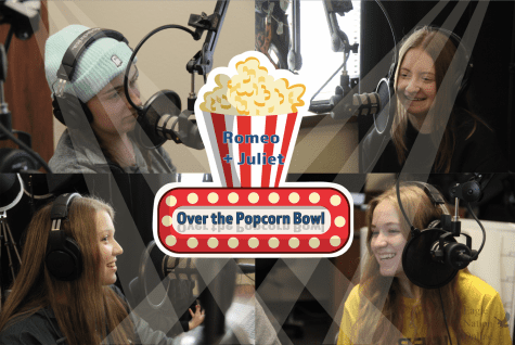 In an graphic created by Executive Design Editor and senior Soomin Chung, seniors Christi Norris, Amanda Hare, Gabriella Winans and Alyssa Clark talk into their mics. Over The Popcorn Bowl covers and reviews movies every month. The four seniors are all a part of the Eagle Nation Online Editorial Board.