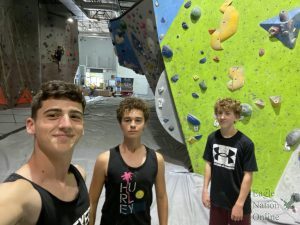 Taking a selfie with the climbing wall, sophomores Tyler Leatherman, Noah Platt and Quinn Jones pause between climbing different routes. The Prosper Rock Climbing Club was founded by Noah Platt and Tyler Leatherman this school year, with the goal of providing students a way to exercise and make friends. The club usually climbs on Wednesdays and Sundays, alternating between local gyms for variety.