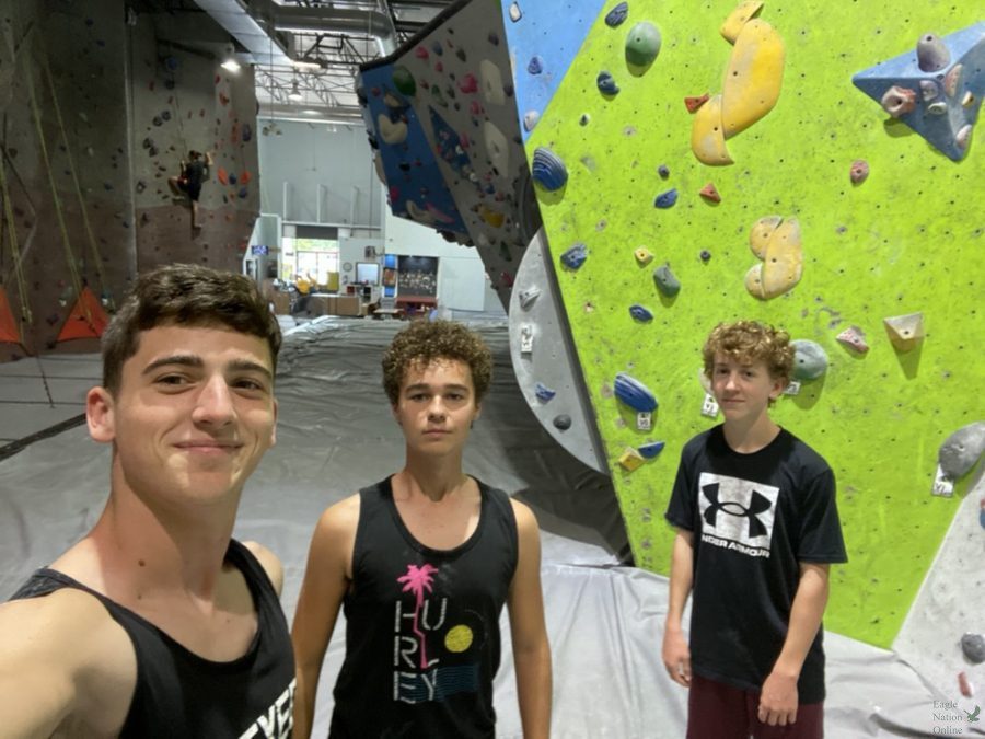 Taking+a+selfie+with+the+climbing+wall%2C+sophomores+Tyler+Leatherman%2C+Noah+Platt+and+Quinn+Jones+pause+between+climbing+different+routes.+The+Prosper+Rock+Climbing+Club+was+founded+by+Noah+Platt+and+Tyler+Leatherman+this+school+year%2C+with+the+goal+of+providing+students+a+way+to+exercise+and+make+friends.+The+club+usually+climbs+on+Wednesdays+and+Sundays%2C+alternating+between+local+gyms+for+variety.