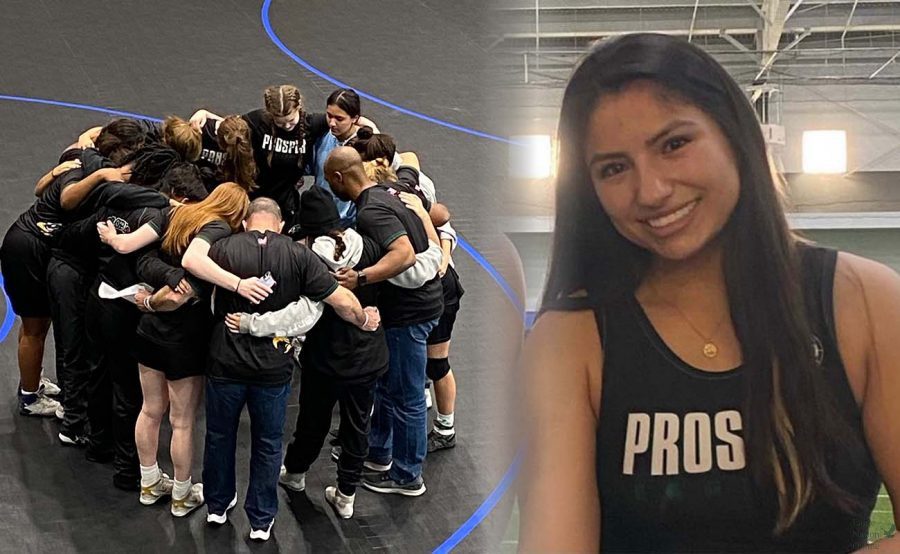 A digitally constructed image shows senior Taylor Martinez with her wrestling team. Martinez has participated on the varsity wrestling team since her freshman year and has attended the state UIL meet for the past three years. “My favorite part about coaching Taylor – there’s a lot of things,” wrestling coach Sion King said. “Really, what stands out the most about her is her positive attitude. She’s always smiling. There’s never a time when she’s not smiling or upbeat.” (Photos courtesy of Sion King and Taylor Martinez. Digitally constructed image by Amanda Hare.)
