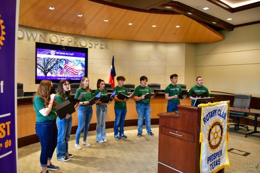 At the Prosper Town Hall, Prosper Chamber Choir performs a tribute for veterans in the Prosper Rotary Club Veterans Day Service. On Nov. 6, the choir performed in the Region 24 Concert. Eight students earned the opportunity to audition this month for a spot in the All Region Choir.