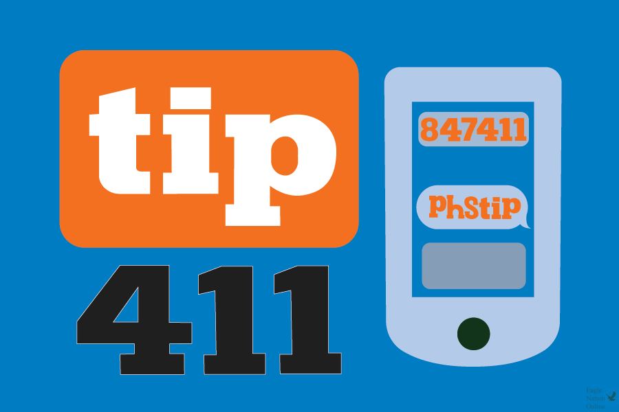 In a graphic made by senior and executive design editor Soomin Chung, the Tip411 logo shows with Prosper's key word. The attached article provides three ways to contact Tip411. If immediate help is needed, call 911.