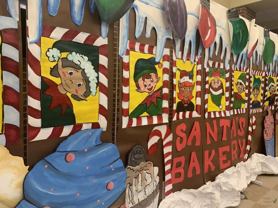 In front of the auditorium, a display of Santas Bakery sits. The school has winter break from Dec. 20 to 31. Then, students will return to school on Wednseday, Jan. 5.