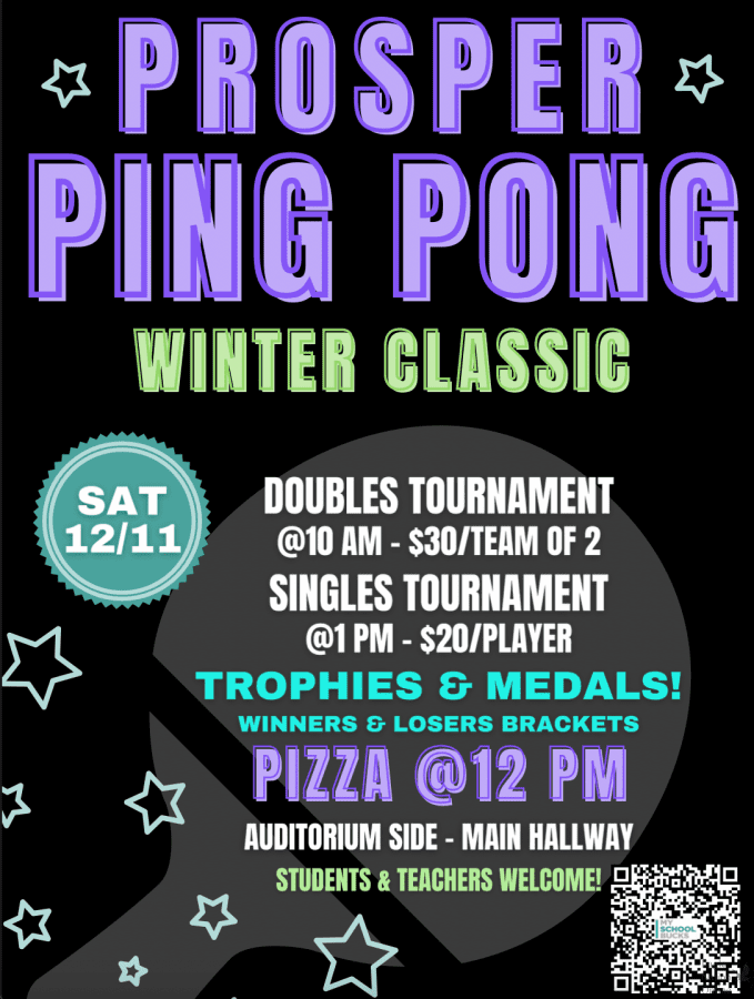 A graphic shows information about the ping pong clubs upcoming winter tournement. Students and staff can sign up to play in the tournament. The tournament will occur in the main hallway Saturday, Dec. 11.