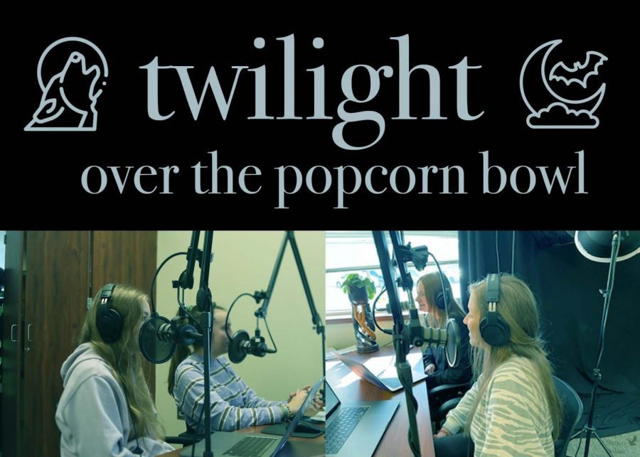 Featuring the blue filter shown in the Twilight movie, a digitally constructed image shows seniors Alyssa Clark, Christi Norris, Gabriella Winans and Amanda Hare at the podcast table. The students reviewed the Twilight saga for the fourth episode of their Over the Popcorn Bowl podcast. They reviewed Twilight in honor of its Nov. 21 release date 13 years ago. (Photos by Caitlyn Richey, digitally-constructed image by Amanda Hare, icons courtesy of Andrew Horvath and Freepik.)