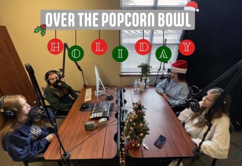 Around the podcast table, seniors Christi Norris, Alyssa Clark, Gabriella Winans and Amanda Hare record Episode 6 of their Over the Popcorn Bowl podcast. In the podcast series, they discuss and review movies. In this episode, they shared their favorite holiday movie and popular holiday movies. (Photos by Kalyani Rao, digitally constructed image by Amanda Hare, icons courtesy of Vectors Market and Pixel Perfect).