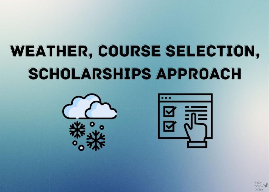 A graphic introduces a news brief covering upcoming deadlines for students. Inclement weather is predicted for this Thursday and Friday, Feb. 3 and 4. Course selection closes Friday, Feb. 4.