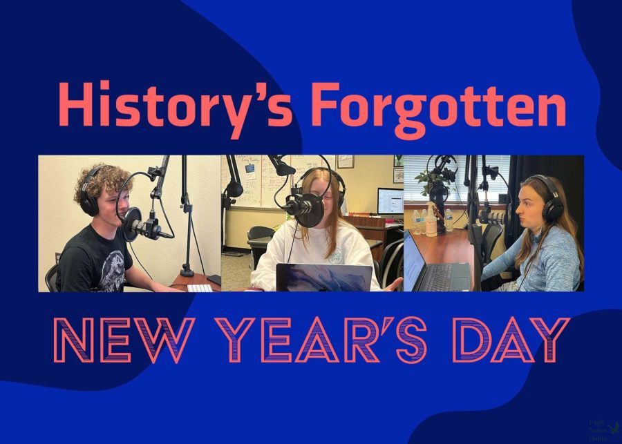 Featuring seniors Caleb Audia, Amanda Hare and Christi Norris around the podcast table, a digitally constructed image by Amanda Hare shows the Historys Forgotten team. In episode five of the series, the trio discusses New Years Day. They talk about the history of the holiday and their own resolutions. (Photos by Gabriella Winans, digitally constructed image by Amanda Hare).