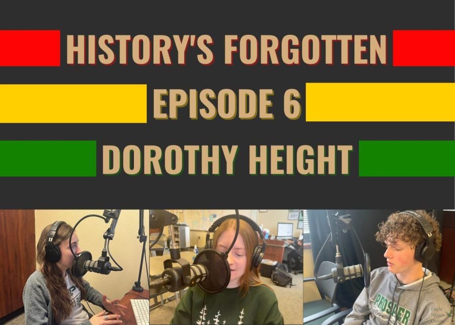 Featuring the colors of Black History Month, a digitally constructed image features seniors Christi Norris, Amanda Hare and Caleb Audia at the podcast table. They recorded episode six of their Historys Forgotten podcast. In this episode, they discussed Dorothy Height in honor of Black History Month. (Photos by Gabriella Winans, digitally constructed image by Amanda Hare)