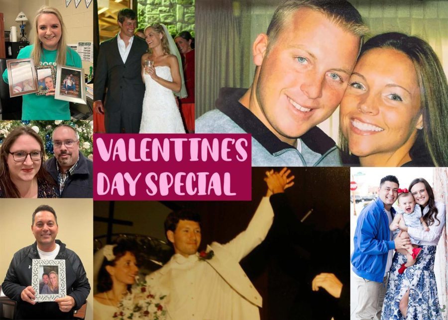 A+collage+shows+eight+staff+members+and+their+spouses.+The+attached+article+shares+the+staff+members+marriage+stories+in+honor+of+Valentines+Day.+Valentines+Day+is+Monday%2C+Feb.+14.+%28Photos+courtesy+of+Lisa+Roskens%2C+John+Boehringer%2C+Michelle+Sparks%2C+Emily+Allen%2C+Paige+Trujillo+and+Gabriella+Winans%2C+digitally+constructed+image+by+Amanda+Hare%29