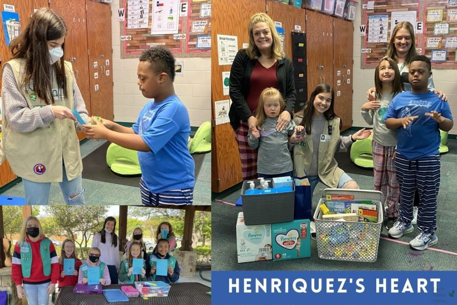 A collage shows senior Jasmine Henriquez as she delivers donations to the Folsom Elementary Life Skills class. Henriquez put this service project together for her Girl Scout Gold Award. I just love special needs kids, Henriquez said. They make my heart explode. They bring me so much happiness. I wanted to contribute something to them, and I wanted them to feel happy and loved.