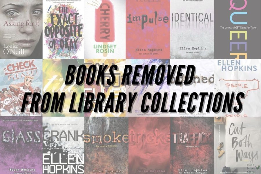 A digitally constructed image by senior and journalist Morgan Reese displays 18 removed books from the library. 24 books were included in the weeded book list released by the district. Four of the books on the list were moved from middle school to high school collections.