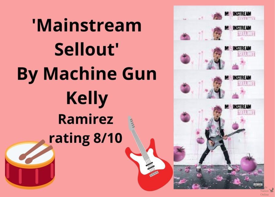 A digitally constructed image of Mainstream Sellout – which Machine Gun Kelly released on Friday, March 25 – is shown. The album has a total of 16 songs. This album is my second favorite album of Machine Gun Kellys, senior and reporter Michael Ramirez said in the attached review. It brings a new level of punk pop that I am falling in love with.